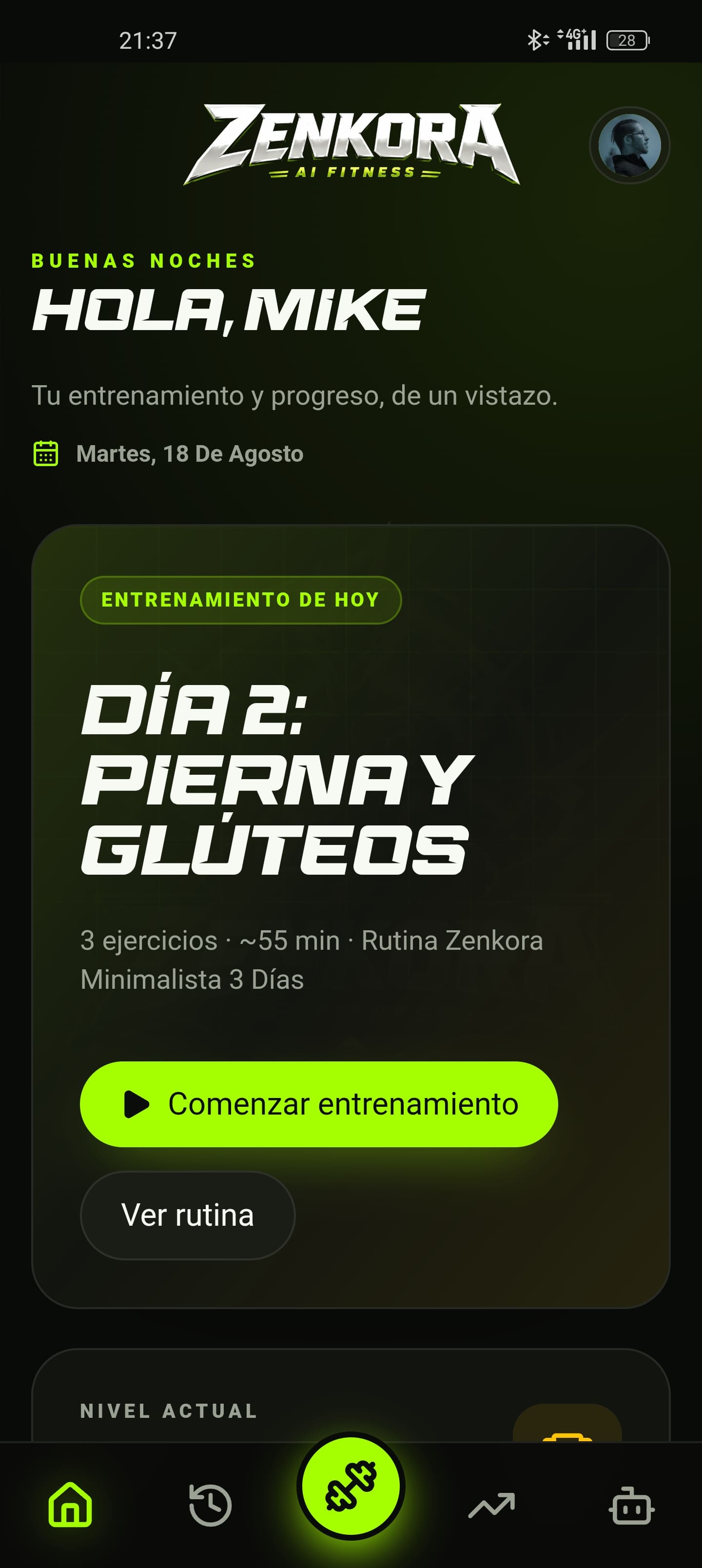 Zenkora App Dashboard - Pantalla Principal de Entrenamiento